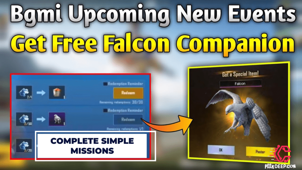 Get Free Falcon Companion in BGMI/PUBG Mobile in 1.9 Update To get a free Falcon Companion, you need to complete four different tasks in PUBG Mobile. The first task is to open Crates 10 times,the second